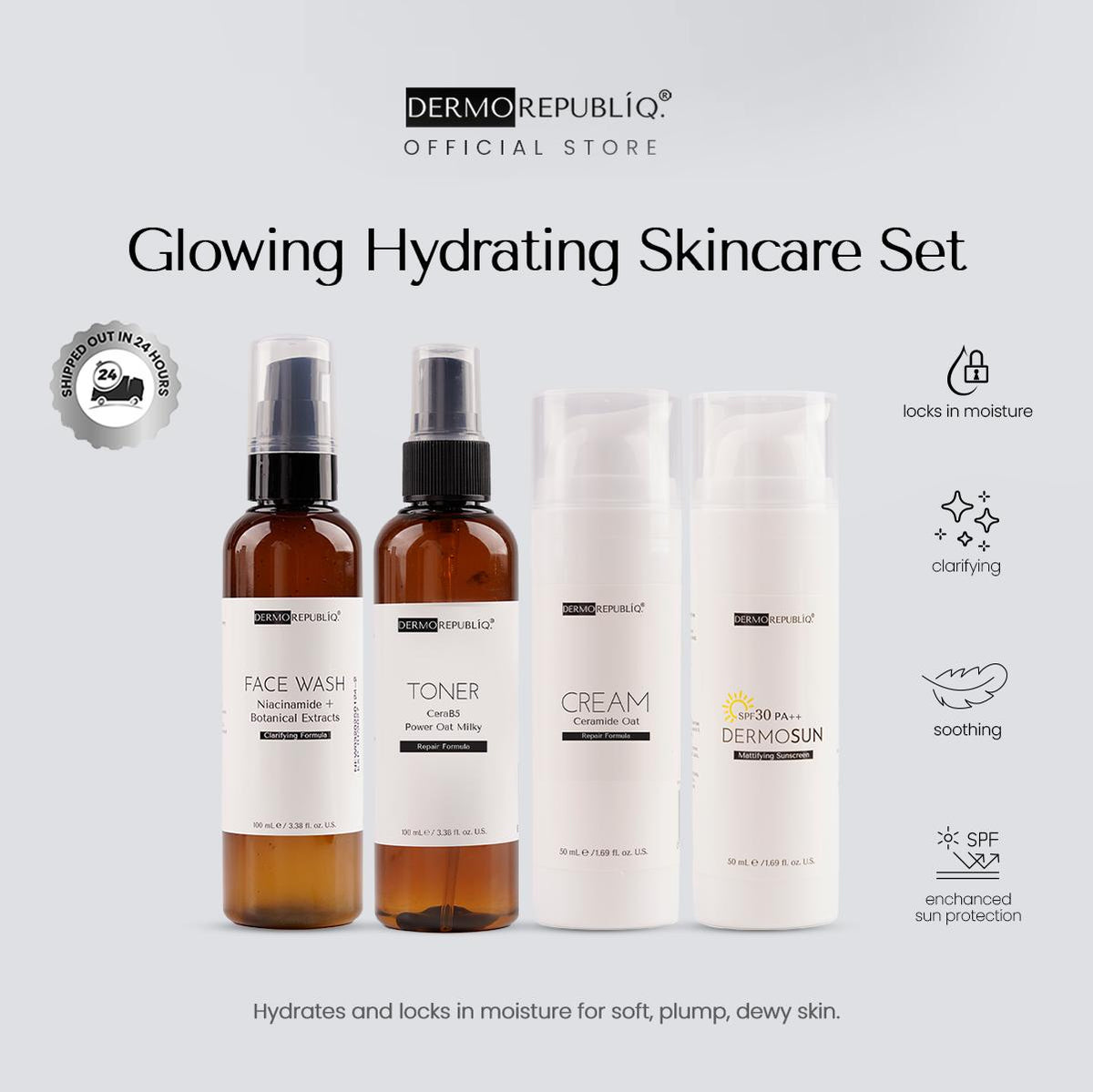 Dermorepubliq Glowing Hydrating Set 4pcs Original (Face Wash + Toner + Cream + Sunscreen) Face Wash + B5 Ceramide Toner