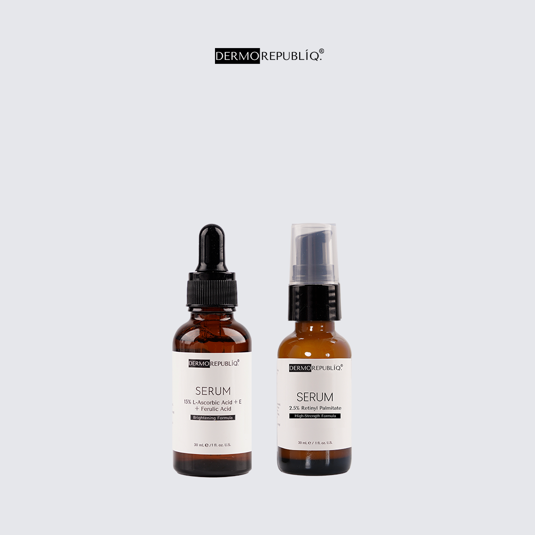 Dermorepubliq Vitamin C (L-Ascorbic) & 2.5% Retinyl Palmitate Morning and Night Set - Prevent and Correct - 2x30mL