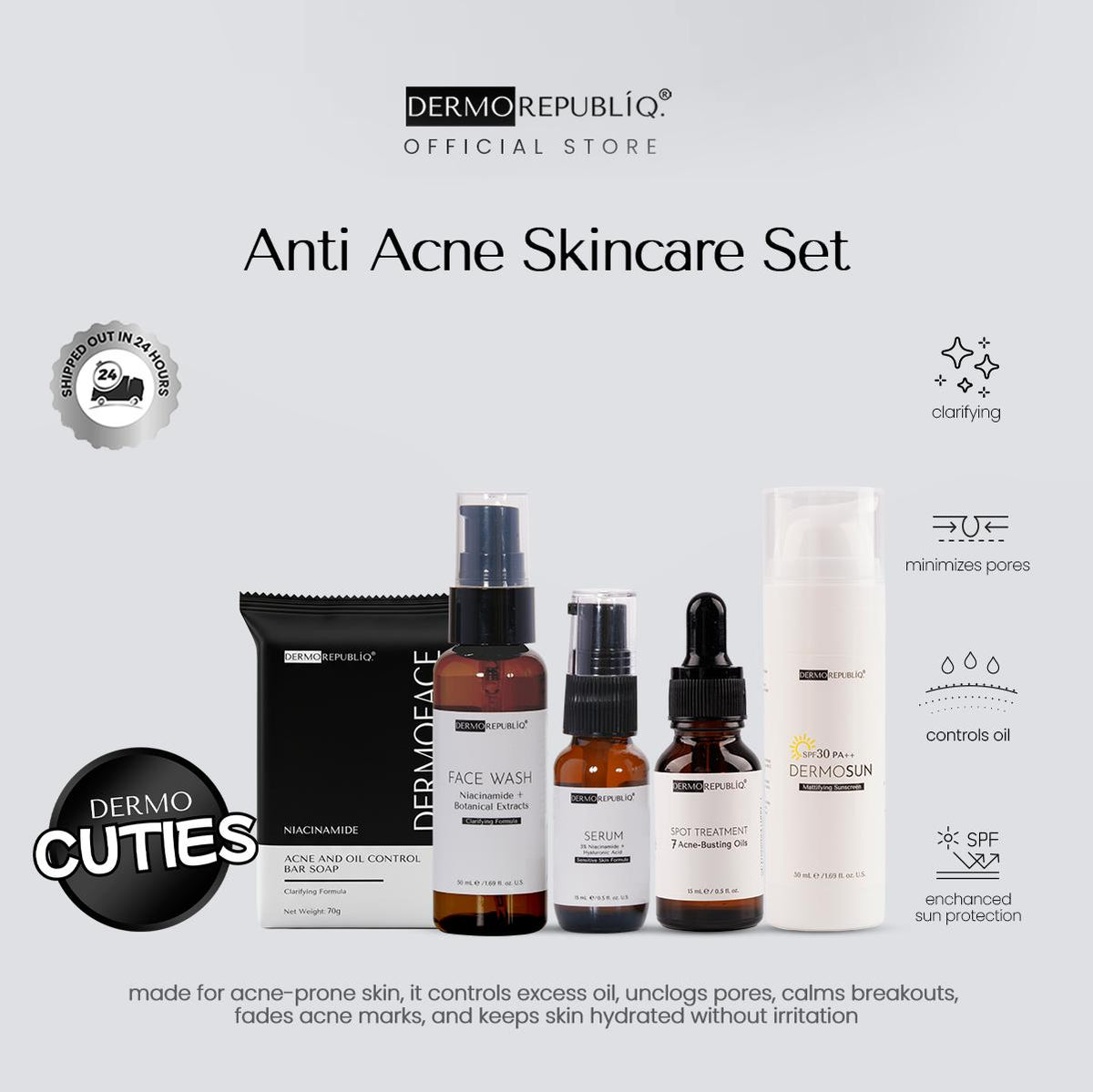 Dermorepubliq Anti Acne Set 5pcs Original (Face Bar + Toner + Serum + Spot Treatment + Sunscreen) Niacinamide Face Bar