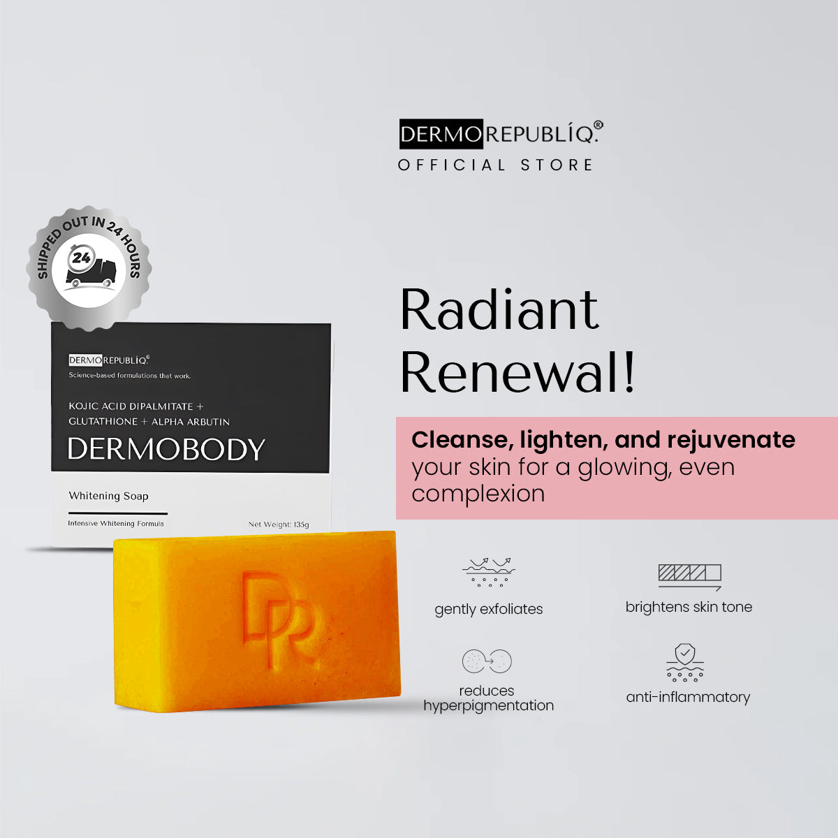 Dermorepubliq Glutathione + Kojic + Alpha Arbutin Power White Body Bar - 135 G