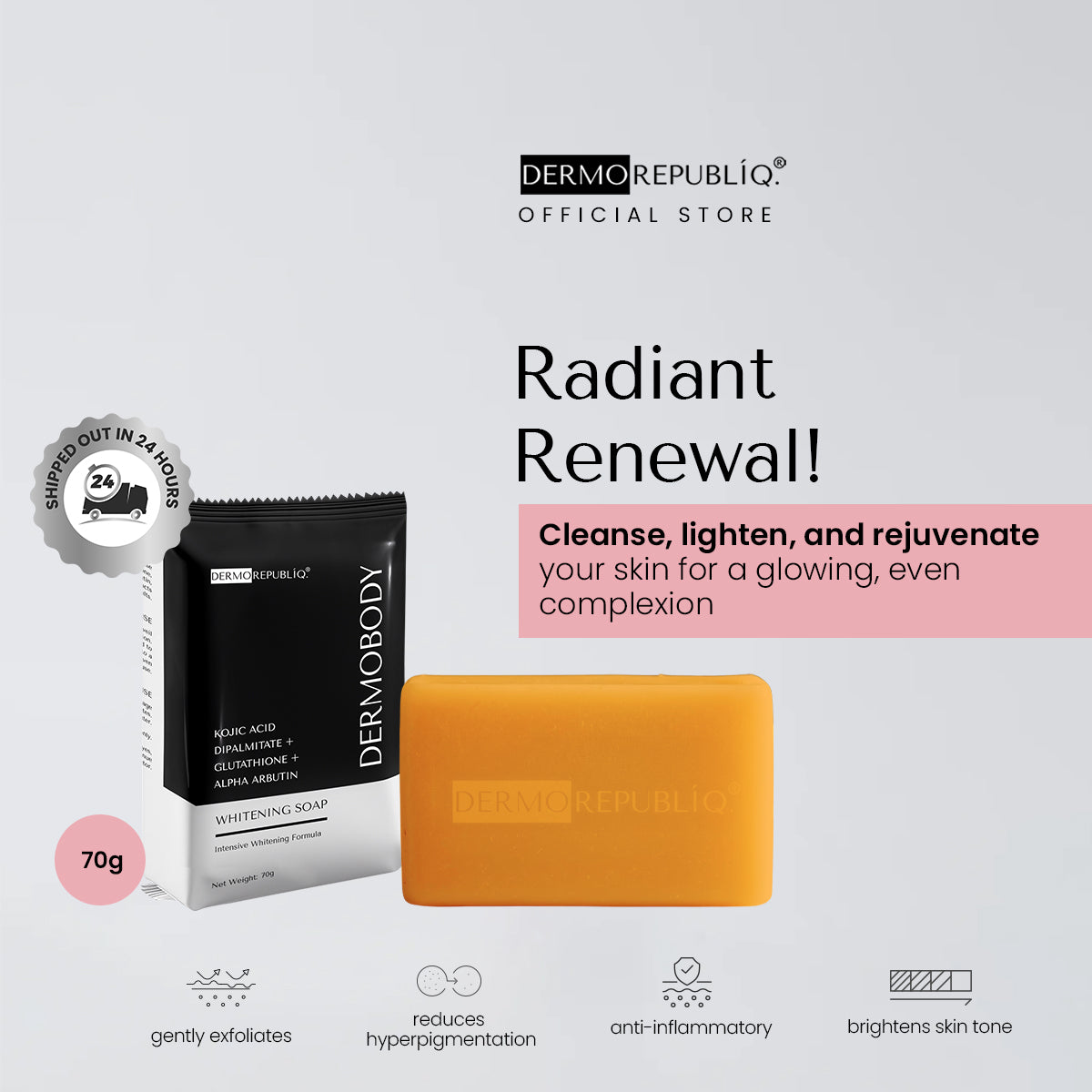 Dermorepubliq Glutathione + Kojic + Alpha Arbutin Power White Body Bar - 135 G