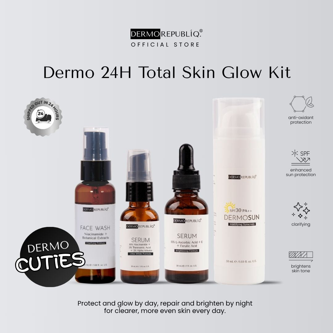 Dermo 24H Total Skin Glow Kit (Clarifying Gentle Face Wash, 10% Niacinamide + 3% Tranexamic, 15% L-Ascorbic Acid, DermoSun)