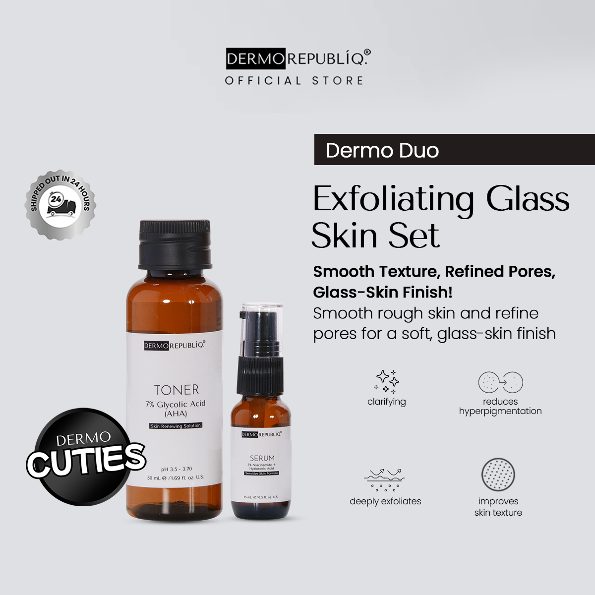 Dermorepubliq Exfoliating Glass Skin Set 2pcs Original (Serum + Toner) 5% Niacinamide + 7% Glycolic Acid Tiny Bumpy Skin