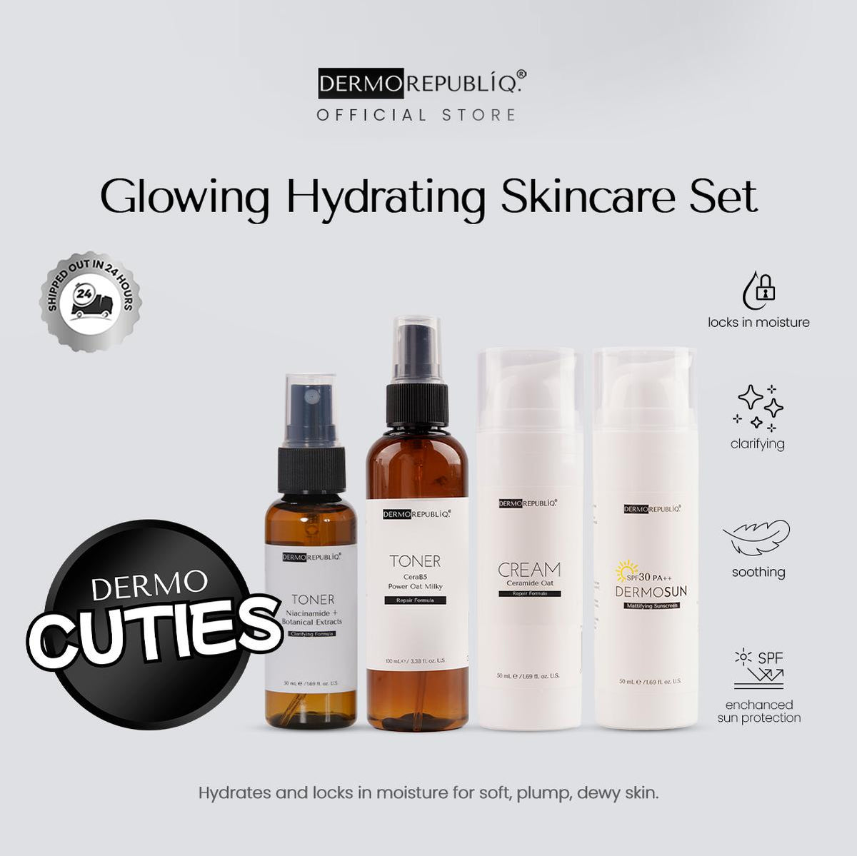 Dermorepubliq Glowing Hydrating Set 4pcs Original (Face Wash + Toner + Cream + Sunscreen) Face Wash + B5 Ceramide Toner