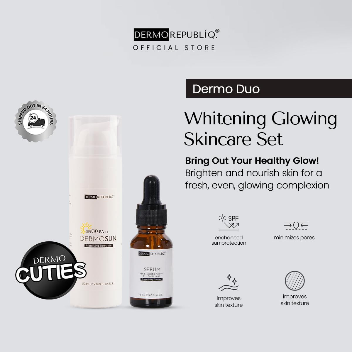 Dermorepubliq Whitening Glowing Set 2pcs Original (Serum + Sunscreen) Vitamin C + Sunscreen SPF30 Glass Skin