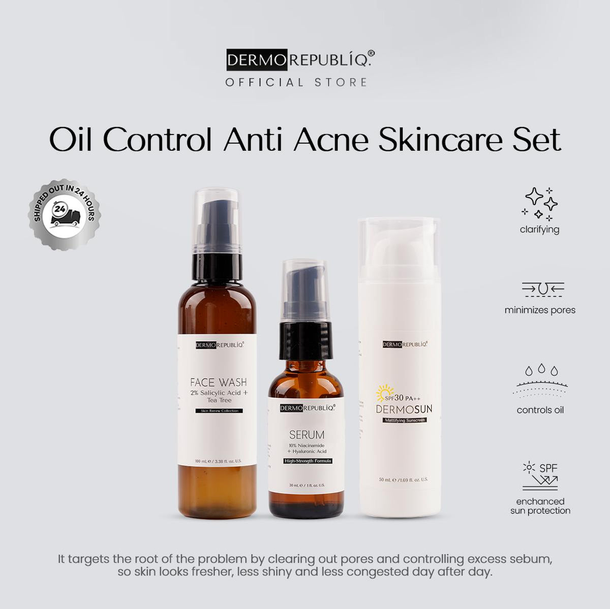 Dermorepubliq Oil Control Anti Acne Set 3pcs Original (Face Wash + Serum + Sunscreen) Salicylic Face Wash Salicylic Acid