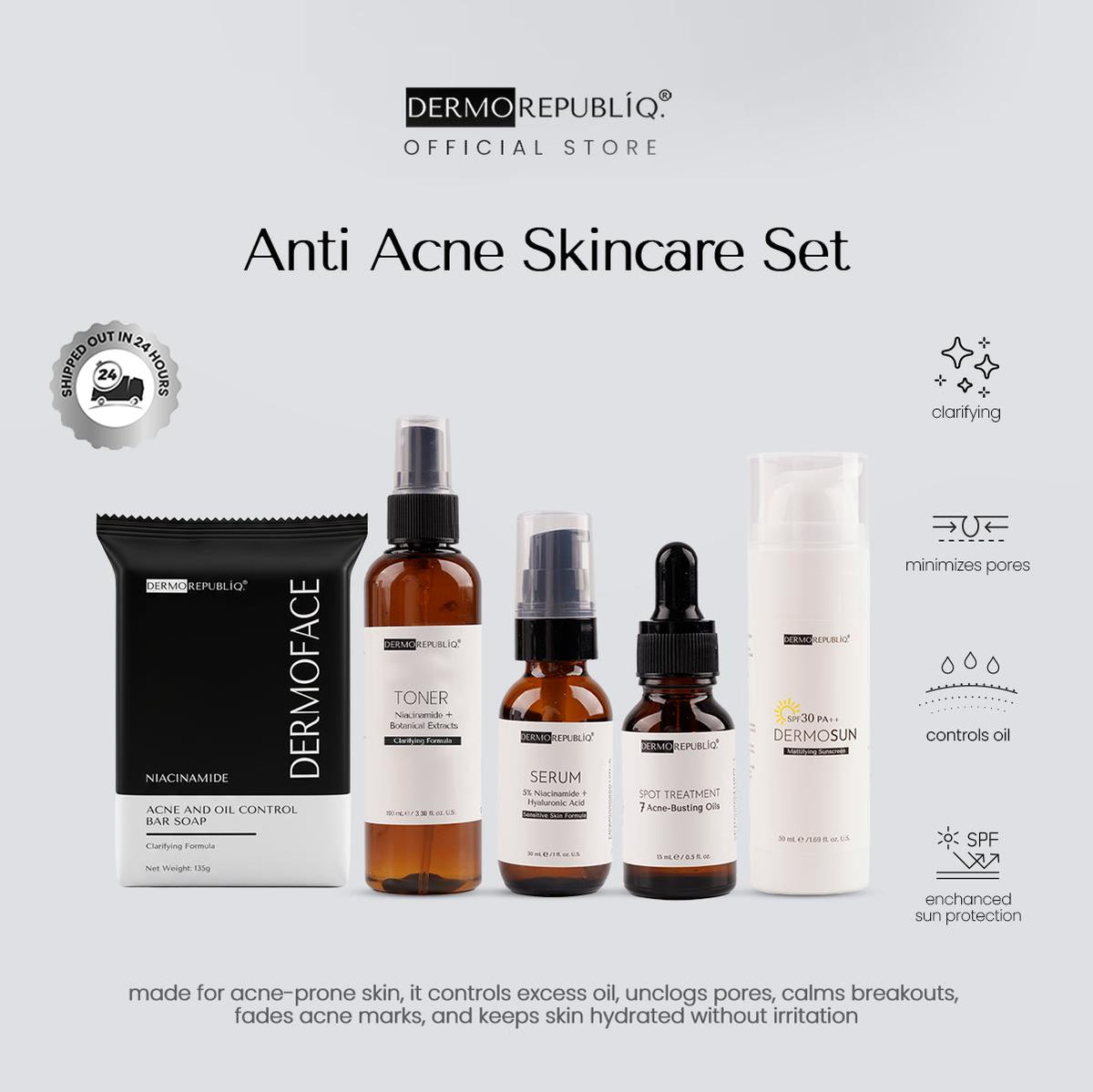 Dermorepubliq Anti Acne Set 5pcs Original (Face Bar + Toner + Serum + Spot Treatment + Sunscreen) Niacinamide Face Bar