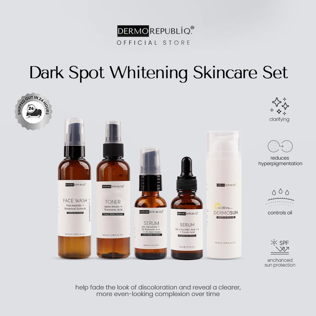 Dermorepubliq Dark Spot Whitening Set 5pcs Original (Face Wash + Toner + Serum x2 + Sunscreen) Face Wash Acne Marks
