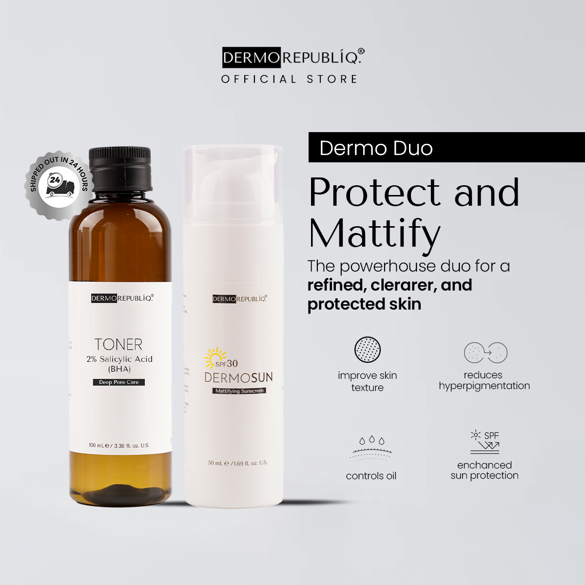 Dermorepubliq Dermo Duo - Protect and Mattify (DermoSun Sunscreen SPF30 and 2% Salicylic  Acid BHA)
