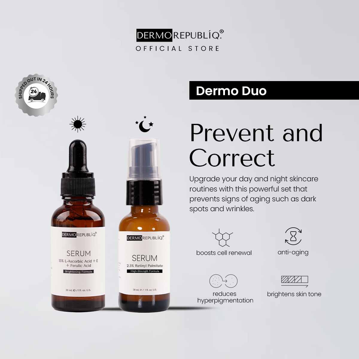 Dermorepubliq Vitamin C (L-Ascorbic) & 2.5% Retinyl Palmitate Morning and Night Set - Prevent and Correct - 2x30mL