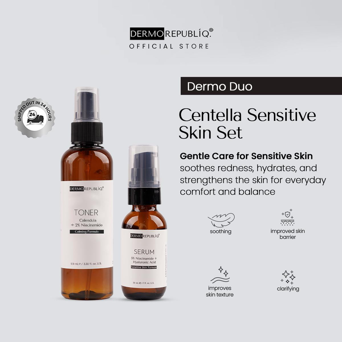 Dermorepubliq Centella Sensitive Skin Set 2pcs Original (Toner + Serum) Centella + 5% Niacinamide Calming Redness Gentle