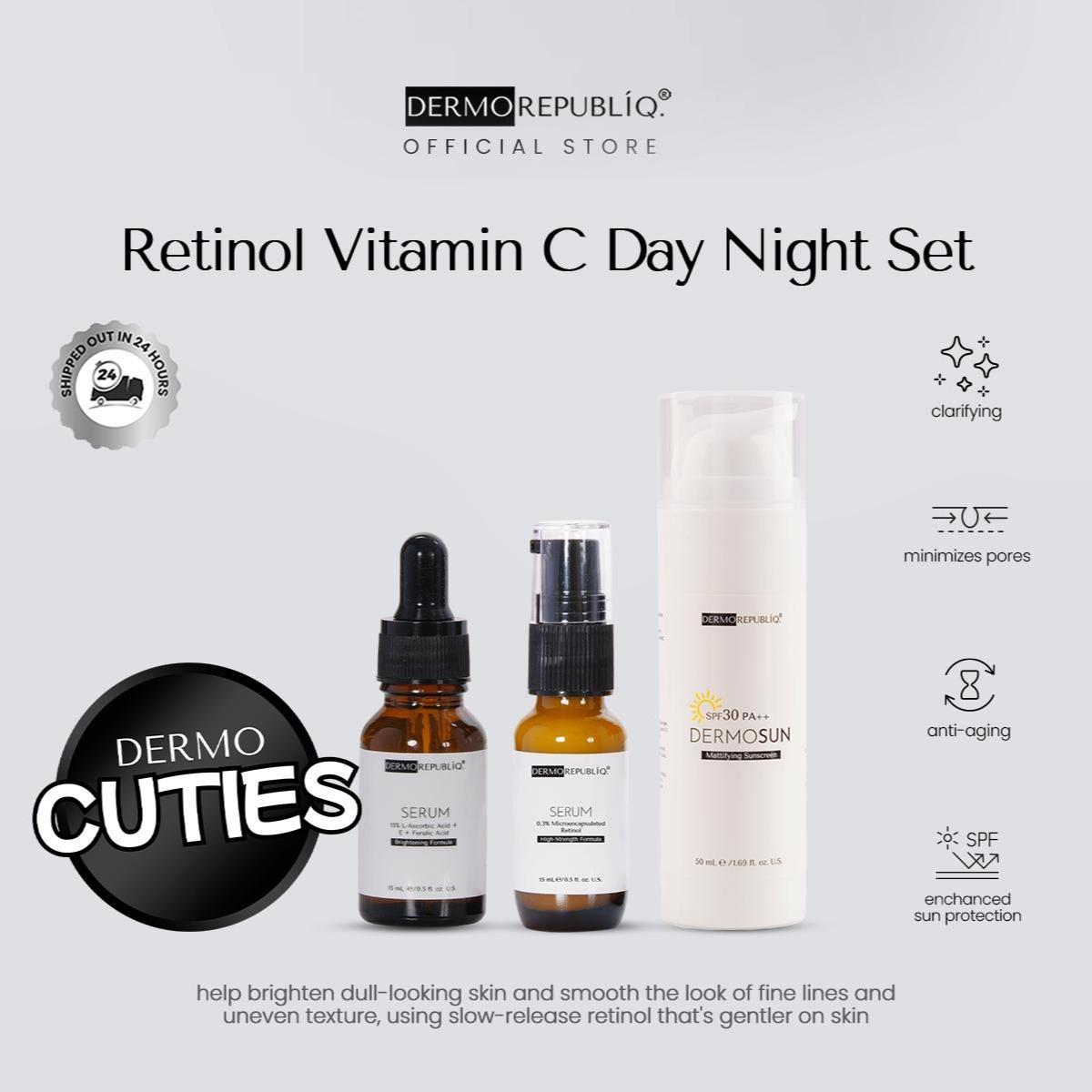 Dermorepubliq Retinol Vitamin C Set 3pcs Original (Serum + Night Cream + Sunscreen) Vitamin C + Retinol Night Cream