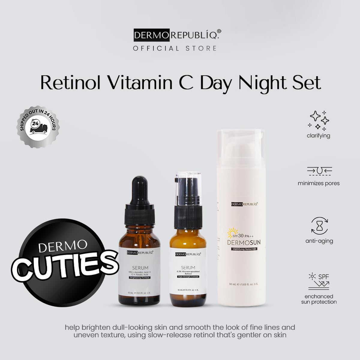 Dermorepubliq Retinol Vitamin C Set 3pcs Original (Serum + Night Cream + Sunscreen) Vitamin C + Retinol Night Cream