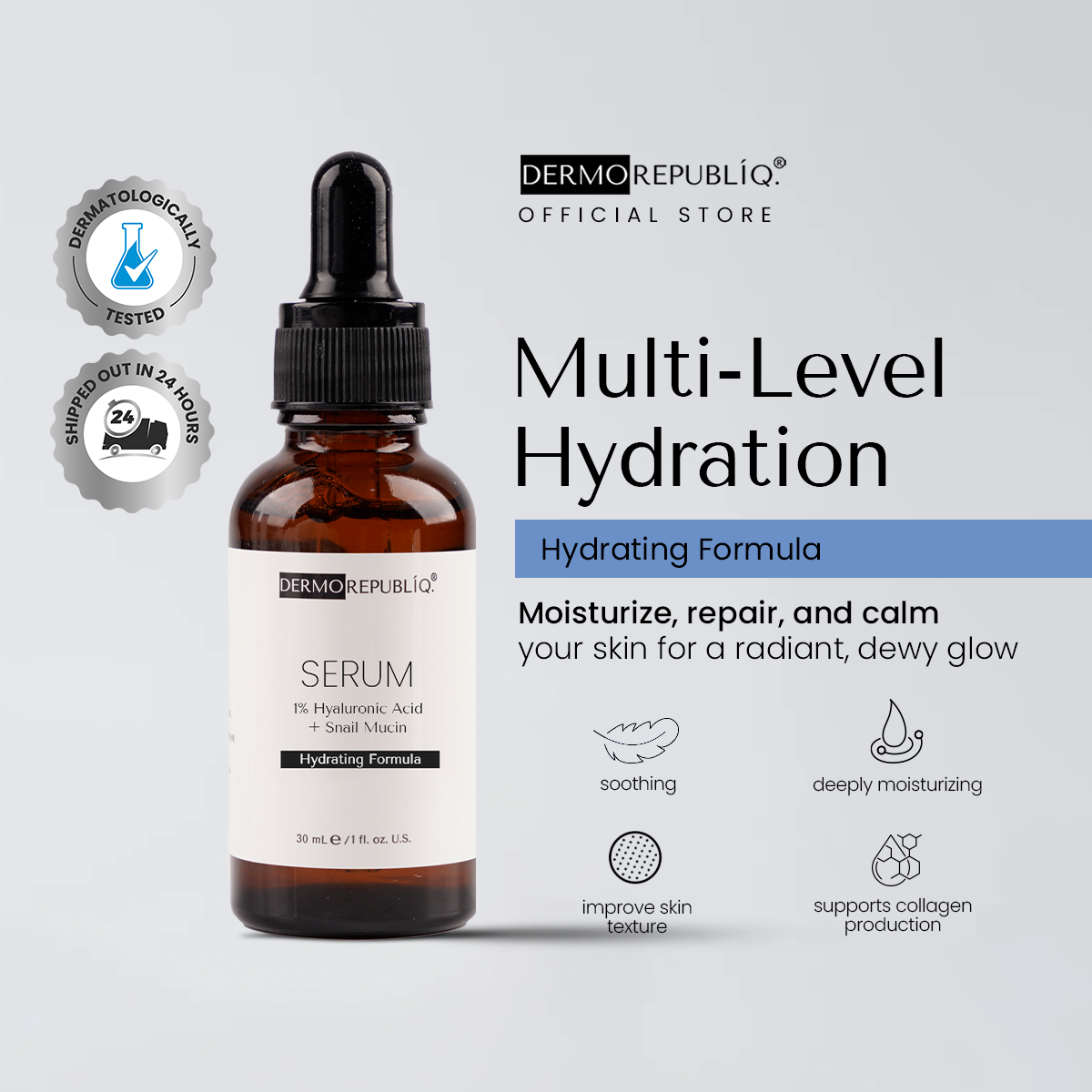 Dermorepubliq 1% Hyaluronic Acid + Snail Mucin Serum - 30 mL