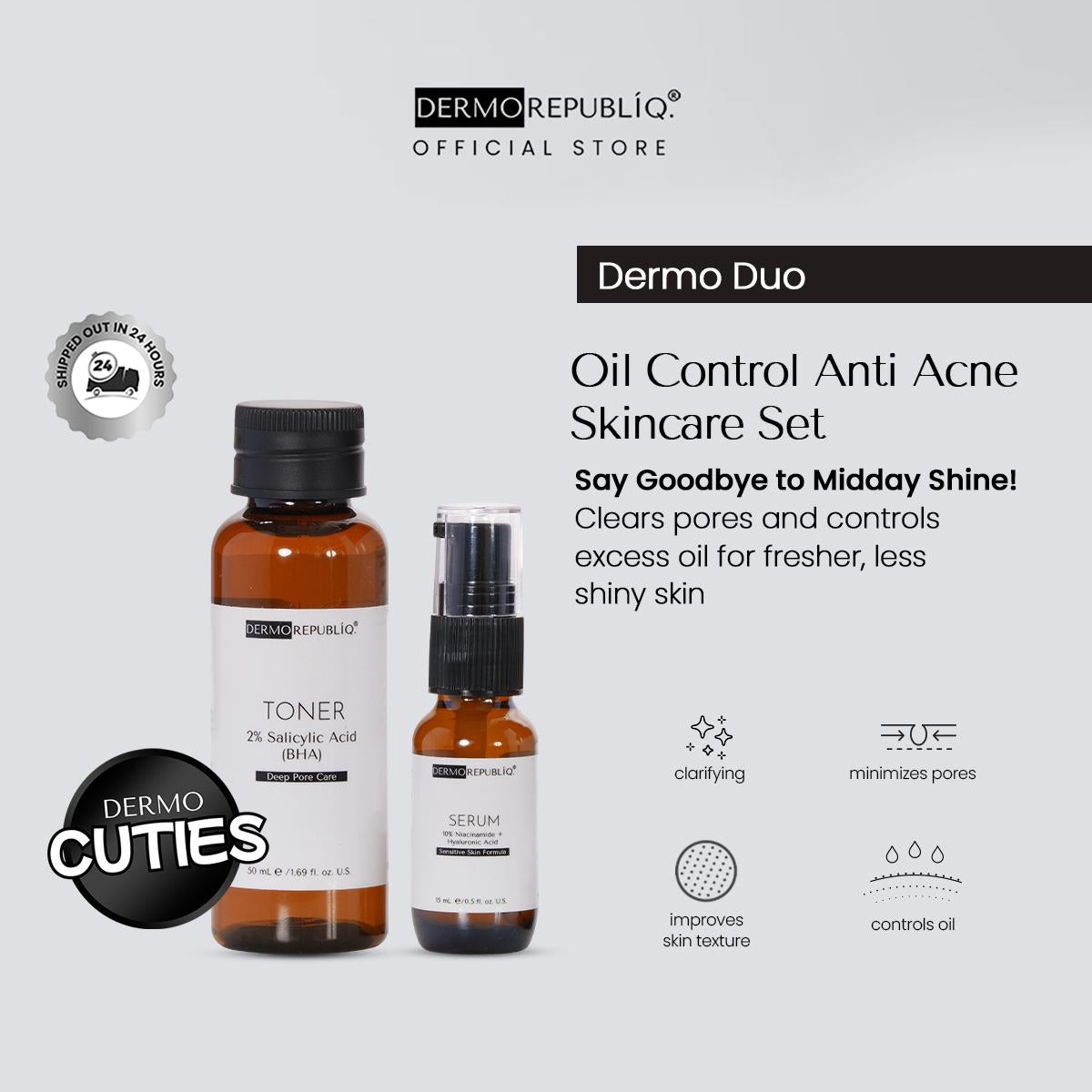 Dermorepubliq Oil Control Anti Acne Set 2pcs Original (Toner + Serum) 2% Salicylic Acid + 10% Niacinamide Sebum Shine