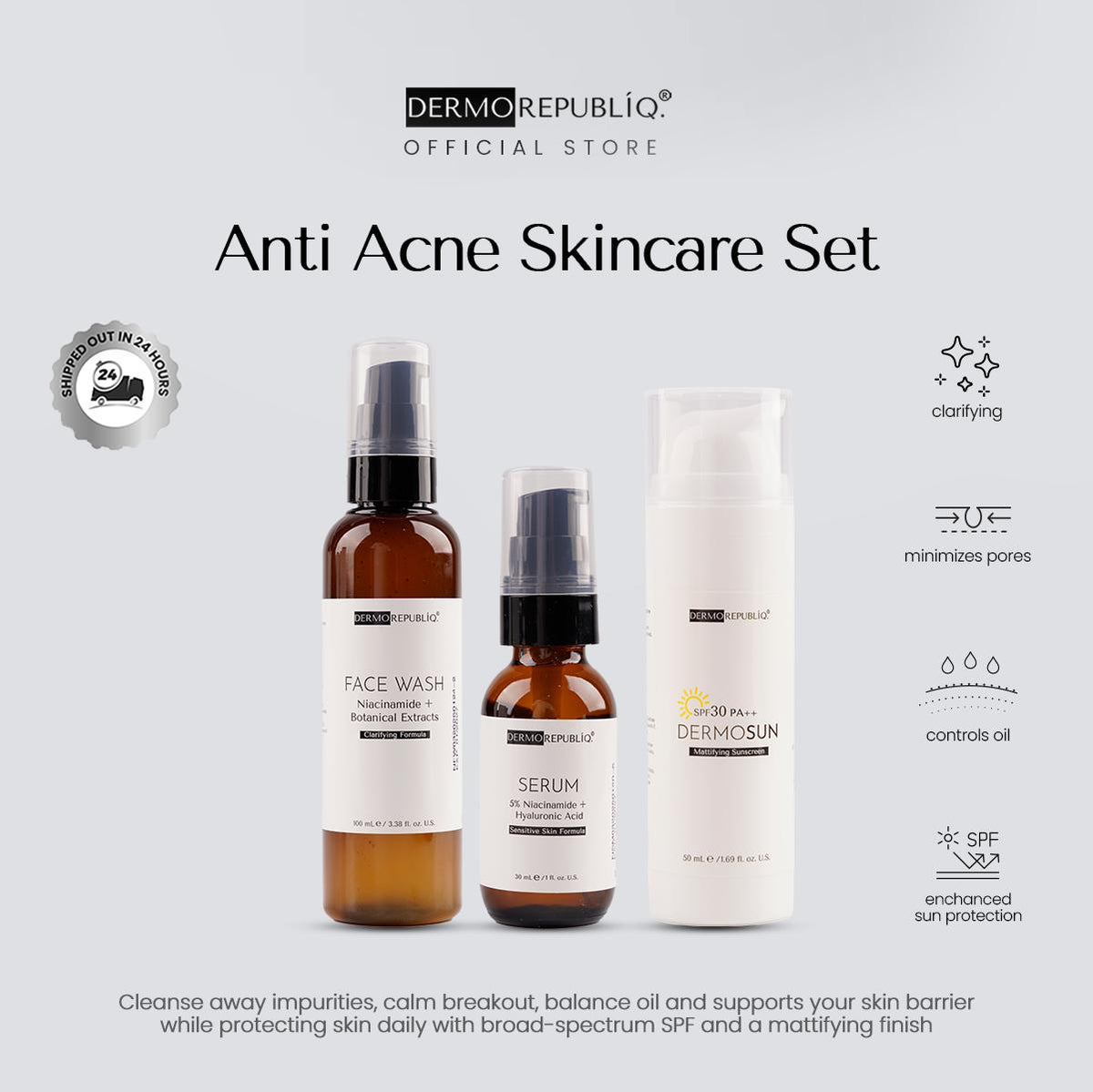 Dermorepubliq Anti Acne Set 3pcs Original (Face Wash + Serum + Sunscreen) Face Wash + 5% Niacinamide Pimple Marks