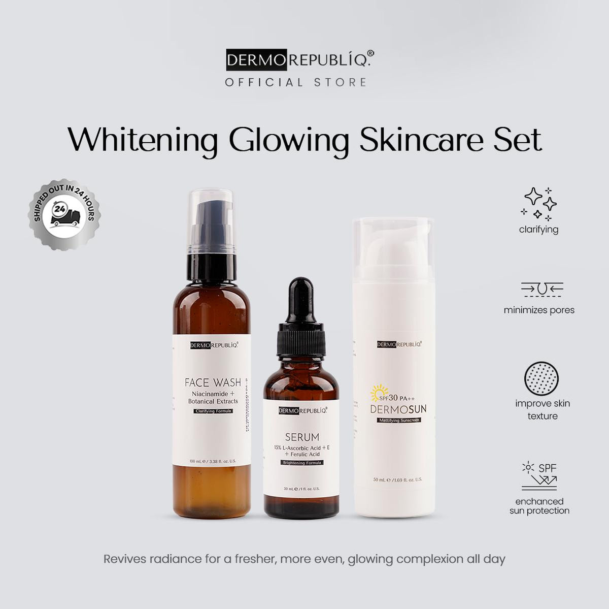 Dermorepubliq Whitening Glowing Set 3pcs Original (Face Wash + Serum + Sunscreen) Face Wash + Vitamin C Glass Skin