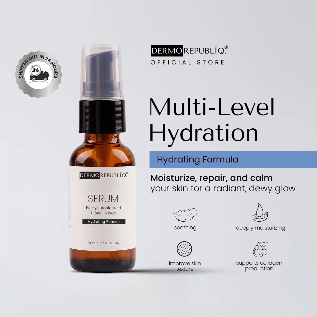 Dermorepubliq 1% Hyaluronic Acid + Snail Mucin Serum - 30 mL