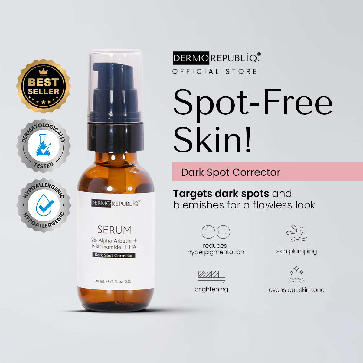 Dermorepubliq 2% Alpha Arbutin + Niacinamide + HA Dark Spot Corrector Serum - 30 mL