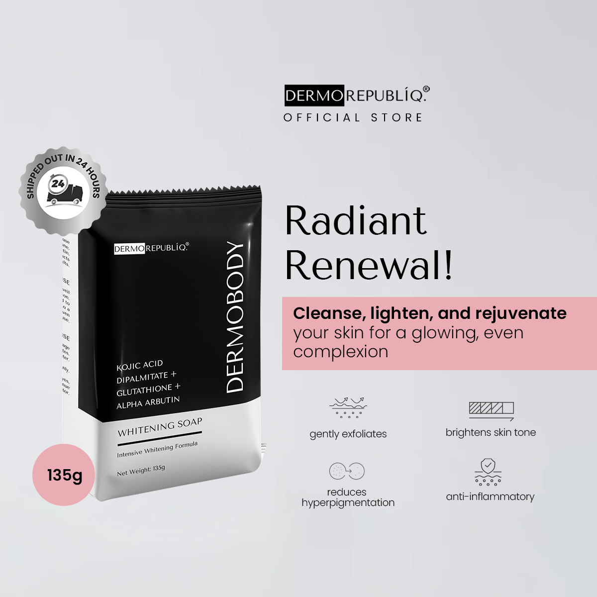 Dermorepubliq Glutathione + Kojic + Alpha Arbutin Power White Body Bar - 135 G