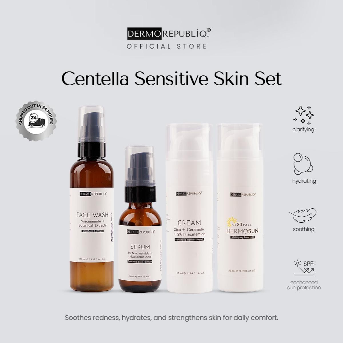 Dermorepubliq Centella Sensitive Skin Set 4pcs Original (Face Wash + Serum + Cream + Sunscreen) Face Wash Calming