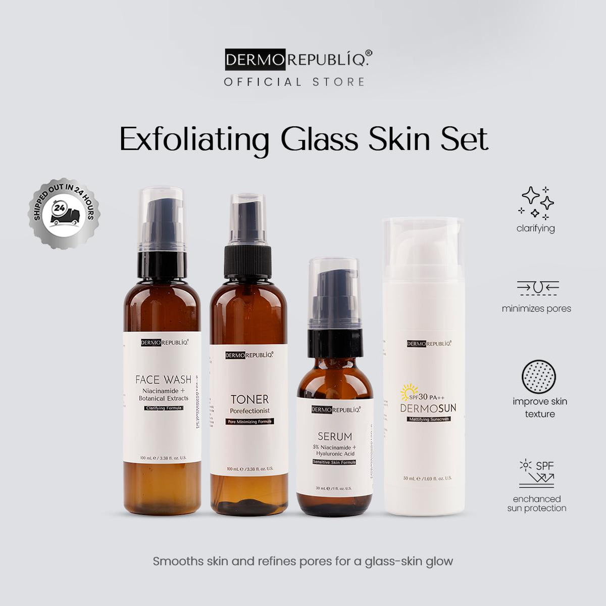 Dermorepubliq Exfoliating Glass Skin Set 4pcs Original (Face Wash + Toner + Serum + Sunscreen) Face Wash Tiny Bumpy Skin