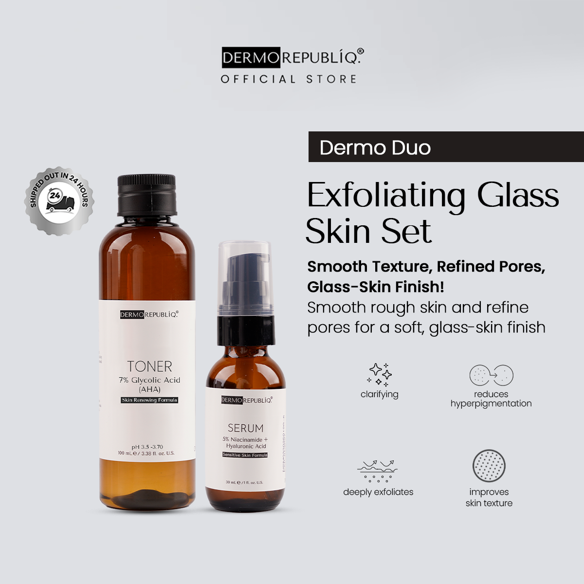 Dermorepubliq Exfoliating Glass Skin Set 2pcs Original (Serum + Toner) 5% Niacinamide + 7% Glycolic Acid Tiny Bumpy Skin