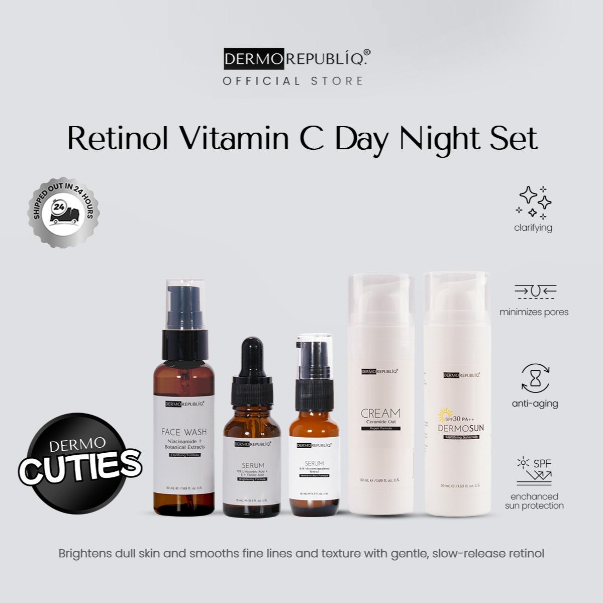Dermorepubliq Retinol Vitamin C Set 5pcs Original (Face Wash + Serum x2 + Cream + Sunscreen) Face Wash + Vitamin C