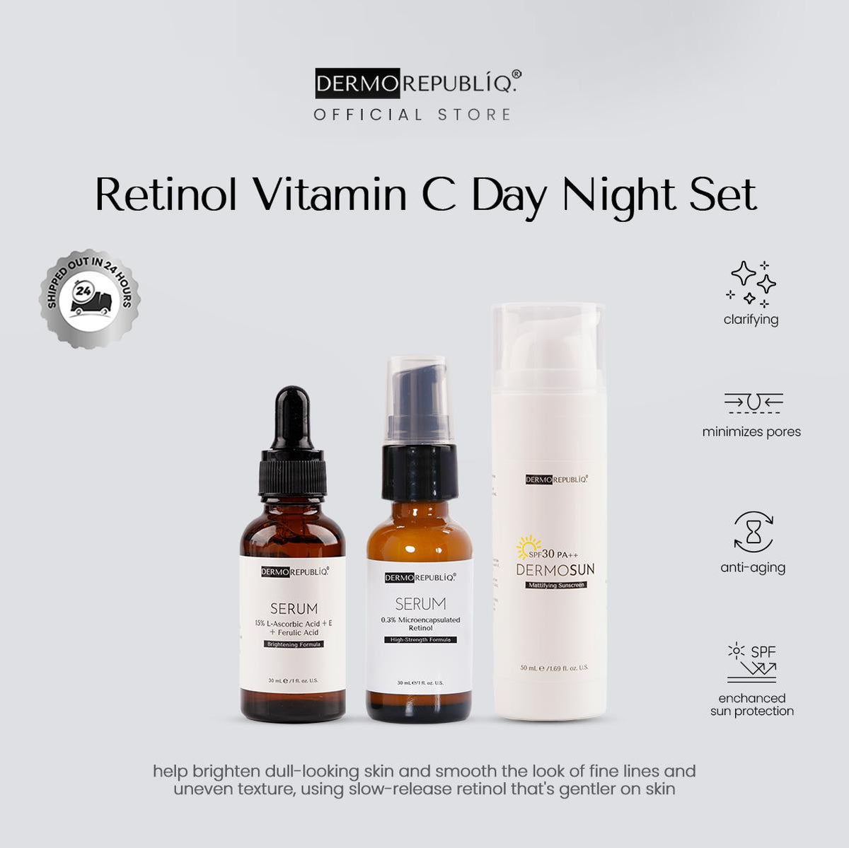 Dermorepubliq Retinol Vitamin C Set 3pcs Original (Serum + Night Cream + Sunscreen) Vitamin C + Retinol Night Cream