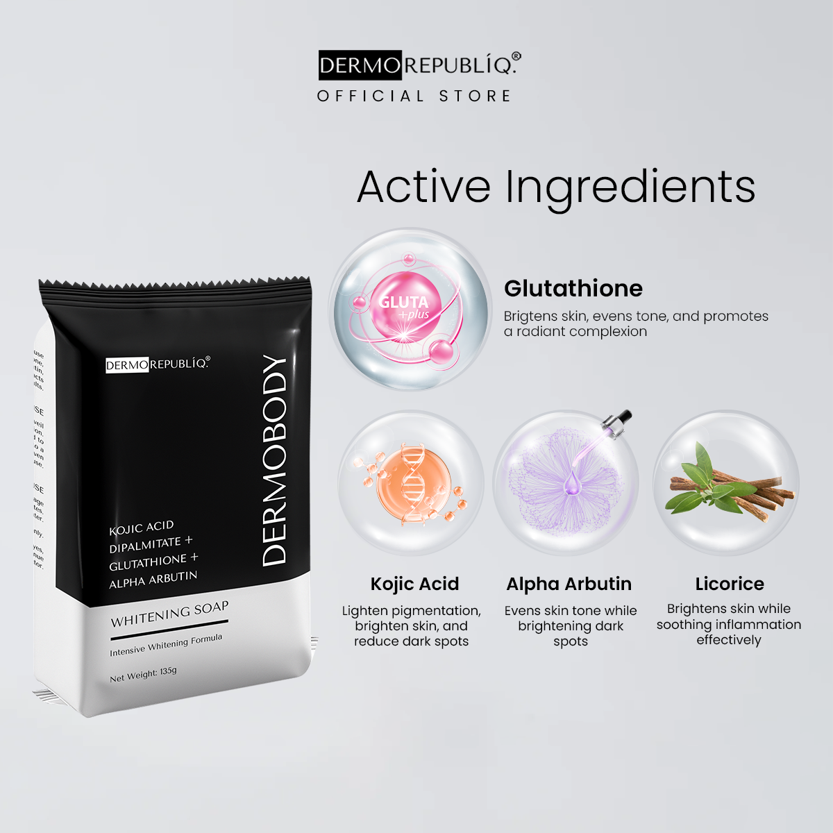 Dermorepubliq Glutathione + Kojic + Alpha Arbutin Power White Body Bar - 135 G