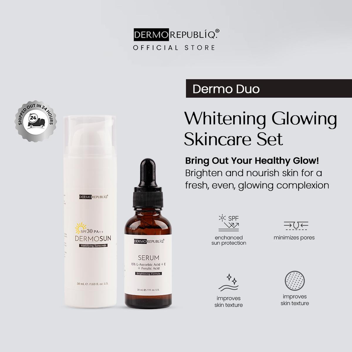 Dermorepubliq Whitening Glowing Set 2pcs Original (Serum + Sunscreen) Vitamin C + Sunscreen SPF30 Glass Skin