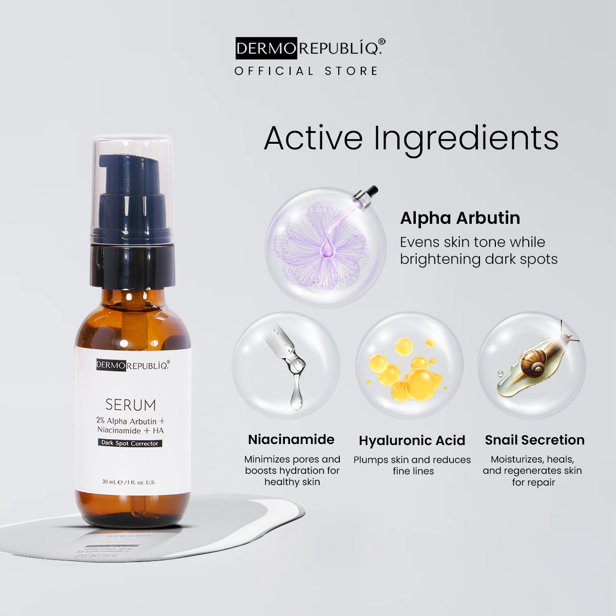 Dermorepubliq 2% Alpha Arbutin + Niacinamide + HA Dark Spot Corrector Serum - 30 mL