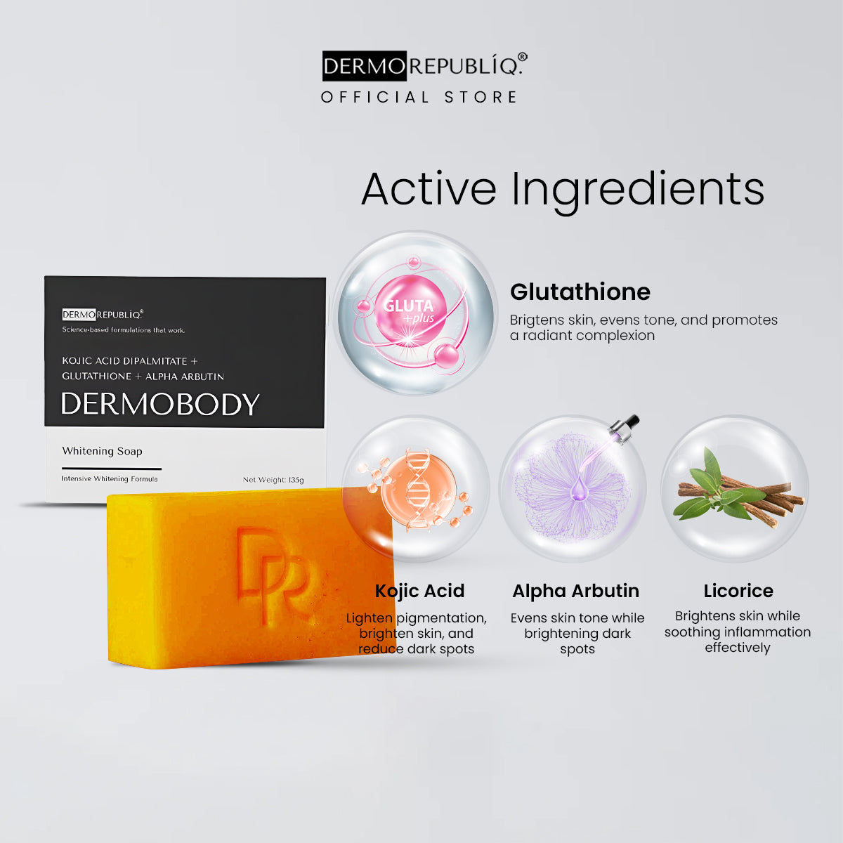 Dermorepubliq Glutathione + Kojic + Alpha Arbutin Power White Body Bar - 135 G