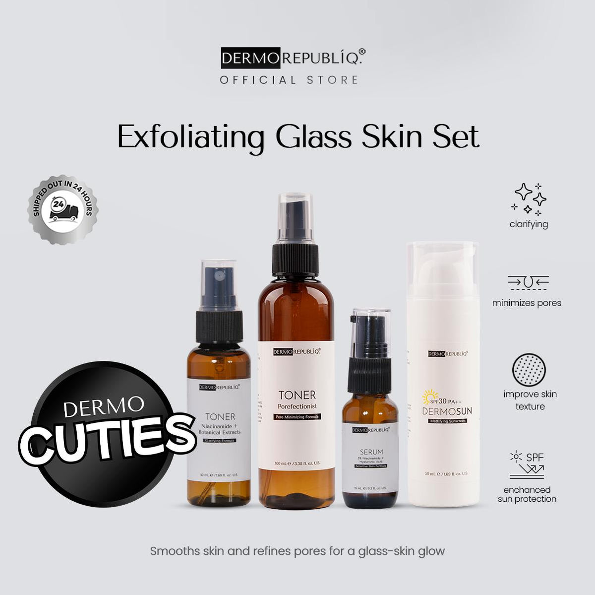 Dermorepubliq Exfoliating Glass Skin Set 4pcs Original (Face Wash + Toner + Serum + Sunscreen) Face Wash Tiny Bumpy Skin