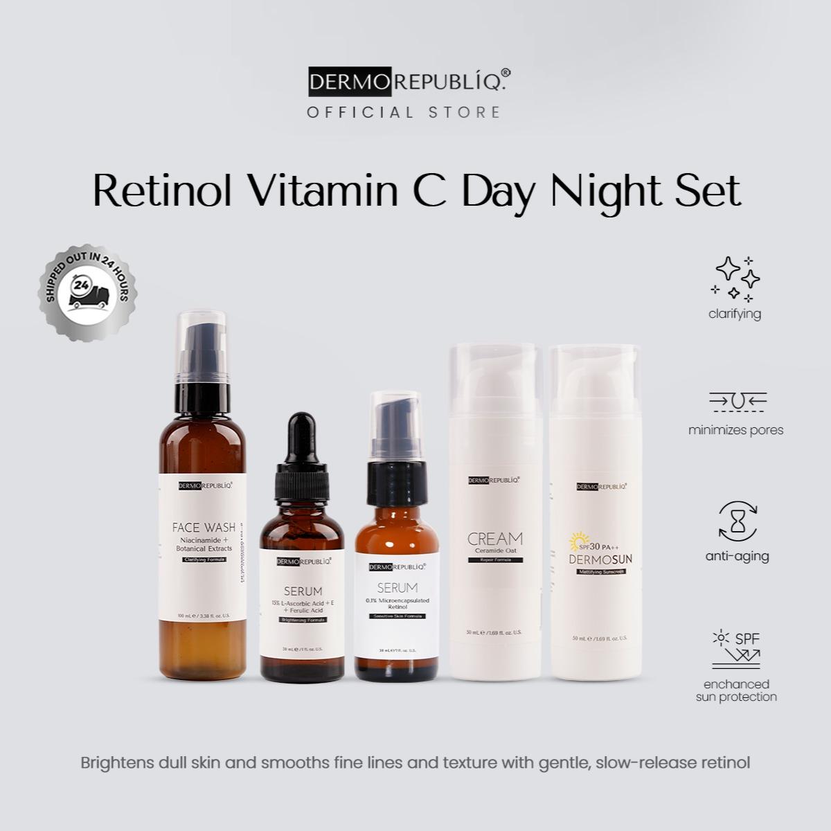 Dermorepubliq Retinol Vitamin C Set 5pcs Original (Face Wash + Serum x2 + Cream + Sunscreen) Face Wash + Vitamin C
