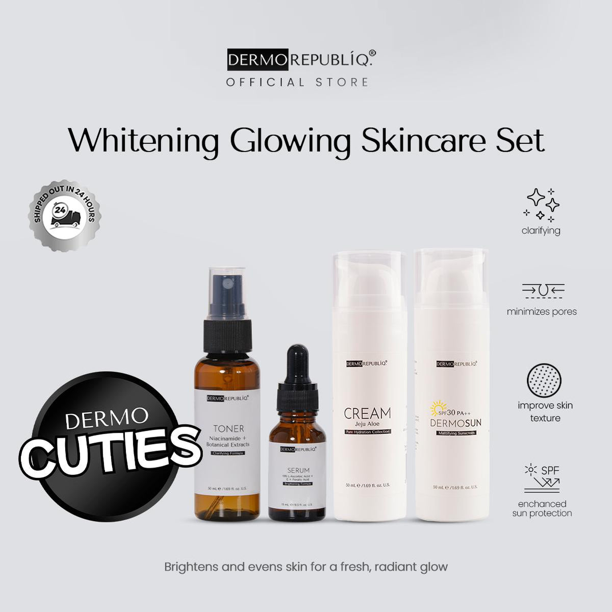 Dermorepubliq Whitening Glowing Set 4pcs Original (Face Wash + Serum + Cream? + Sunscreen) Face Wash + Vitamin C