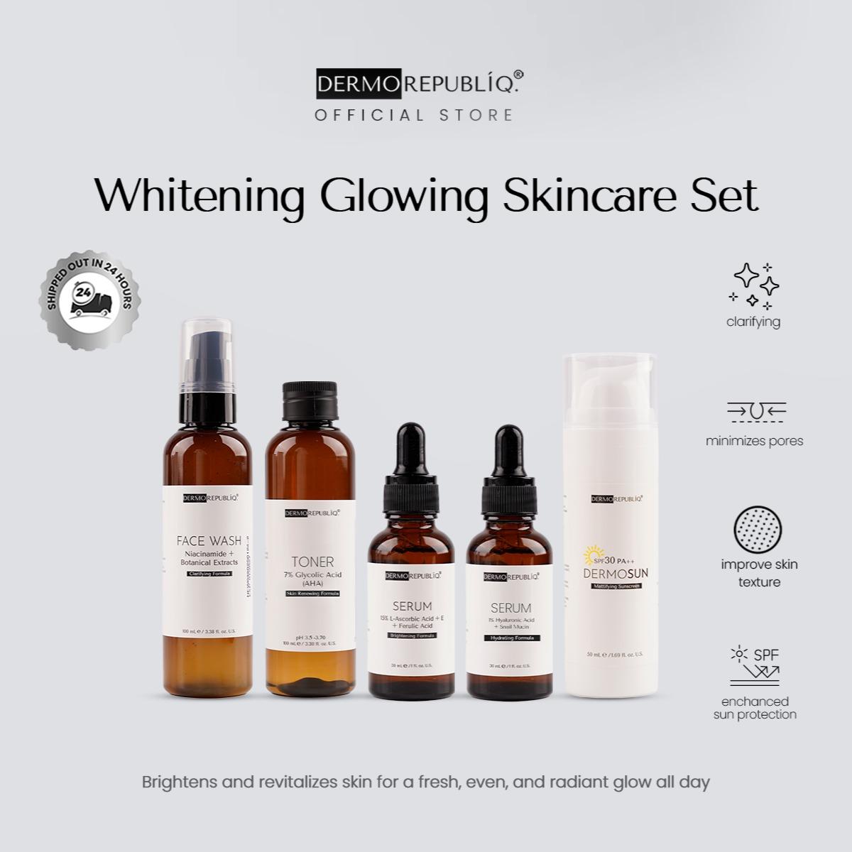 Dermorepubliq Whitening Glowing Set 5pcs Original (Face Wash + Toner + Serum x2 + Sunscreen) Face Wash Glass Skin