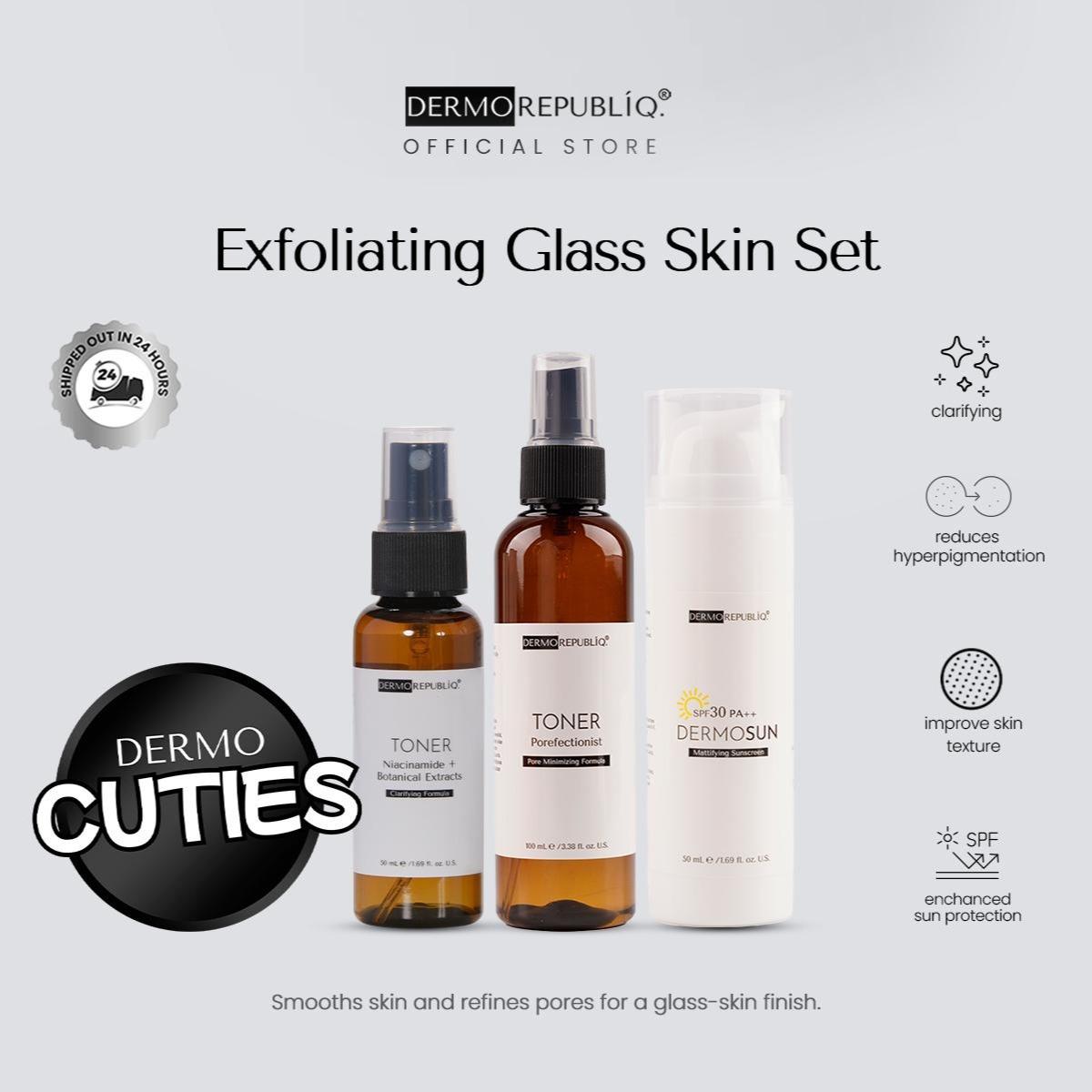 Dermorepubliq Exfoliating Glass Skin Set 3pcs Original (Face Wash + Toner + Sunscreen) Face Wash + Pore Minimizing