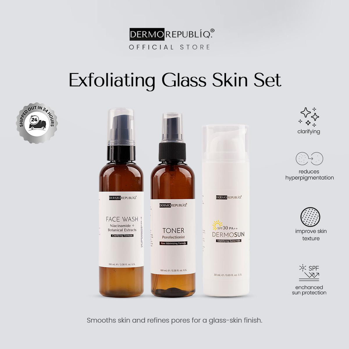 Dermorepubliq Exfoliating Glass Skin Set 3pcs Original (Face Wash + Toner + Sunscreen) Face Wash + Pore Minimizing