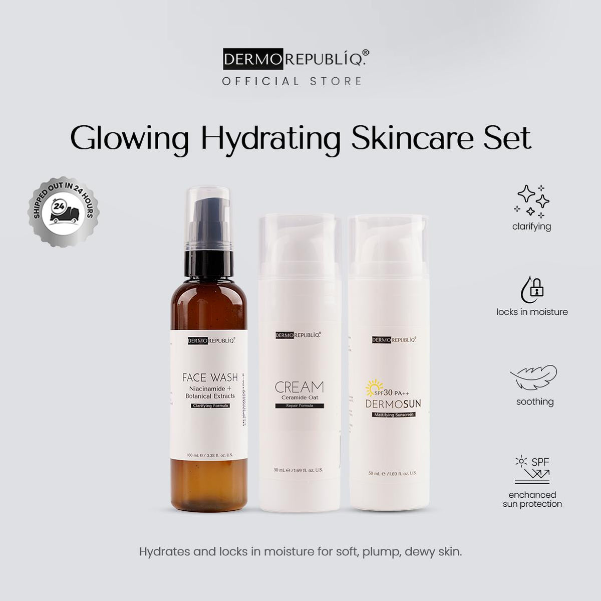 Dermorepubliq Glowing Hydrating Set 3pcs Original (Face Wash + Cream + Sunscreen) Face Wash + B5 Ceramide Moisturizer