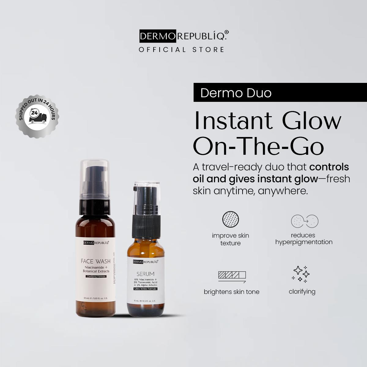 Dermo Duo Instant Glow On-The-Go (Clarifying Gentle Face Wash, 10% Niacinamide + 3% Tranexamic Acid)