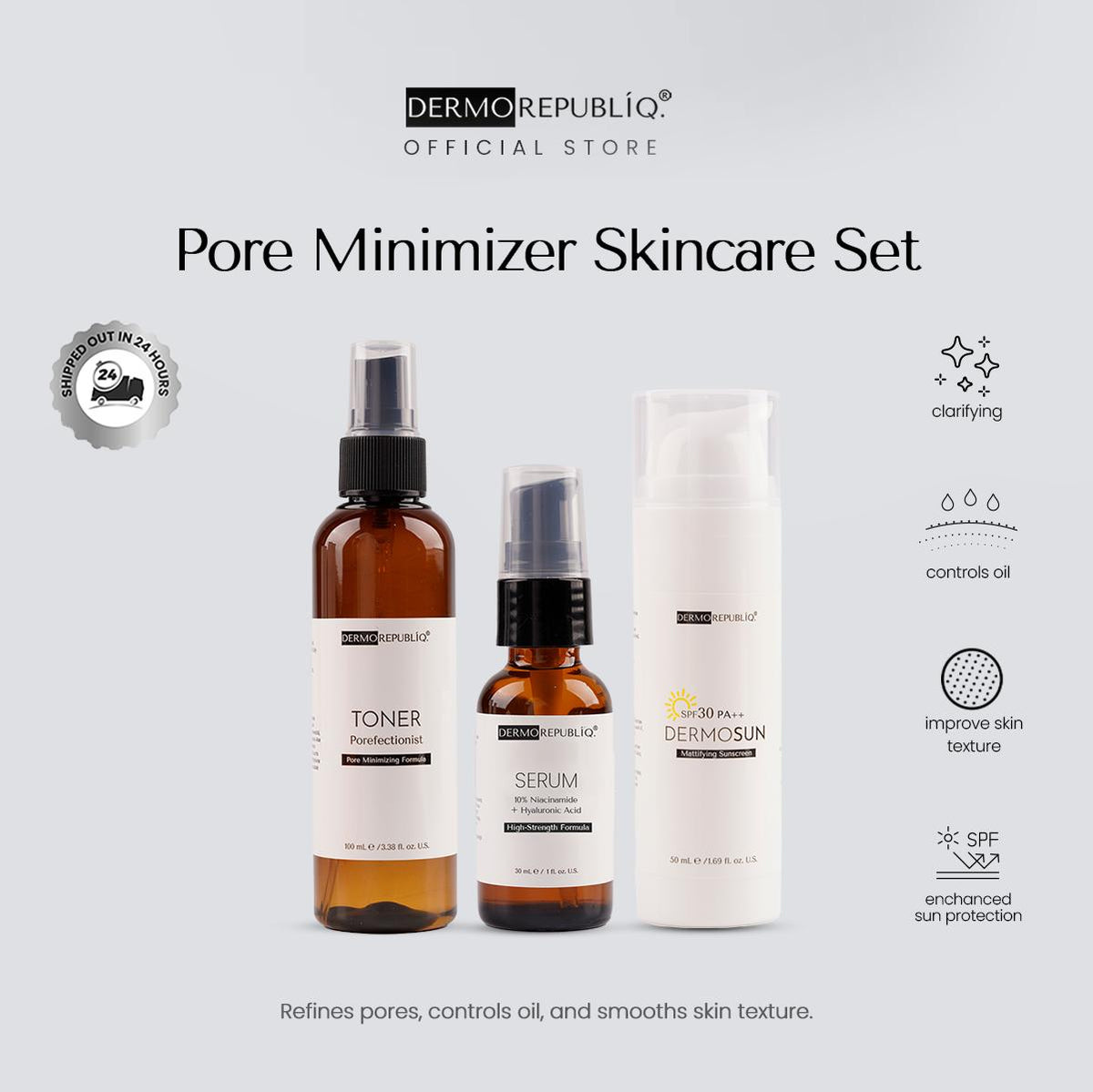 Dermorepubliq Pore Minimizer Set 3pcs Original (Toner + Serum + Sunscreen) Pore Minimizing + 10% Niacinamide Oily Skin