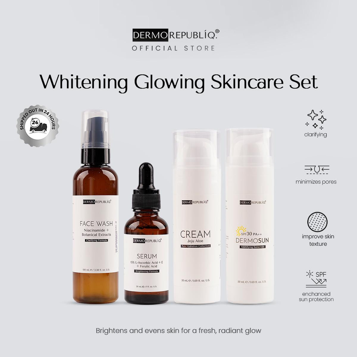 Dermorepubliq Whitening Glowing Set 4pcs Original (Face Wash + Serum + Cream? + Sunscreen) Face Wash + Vitamin C
