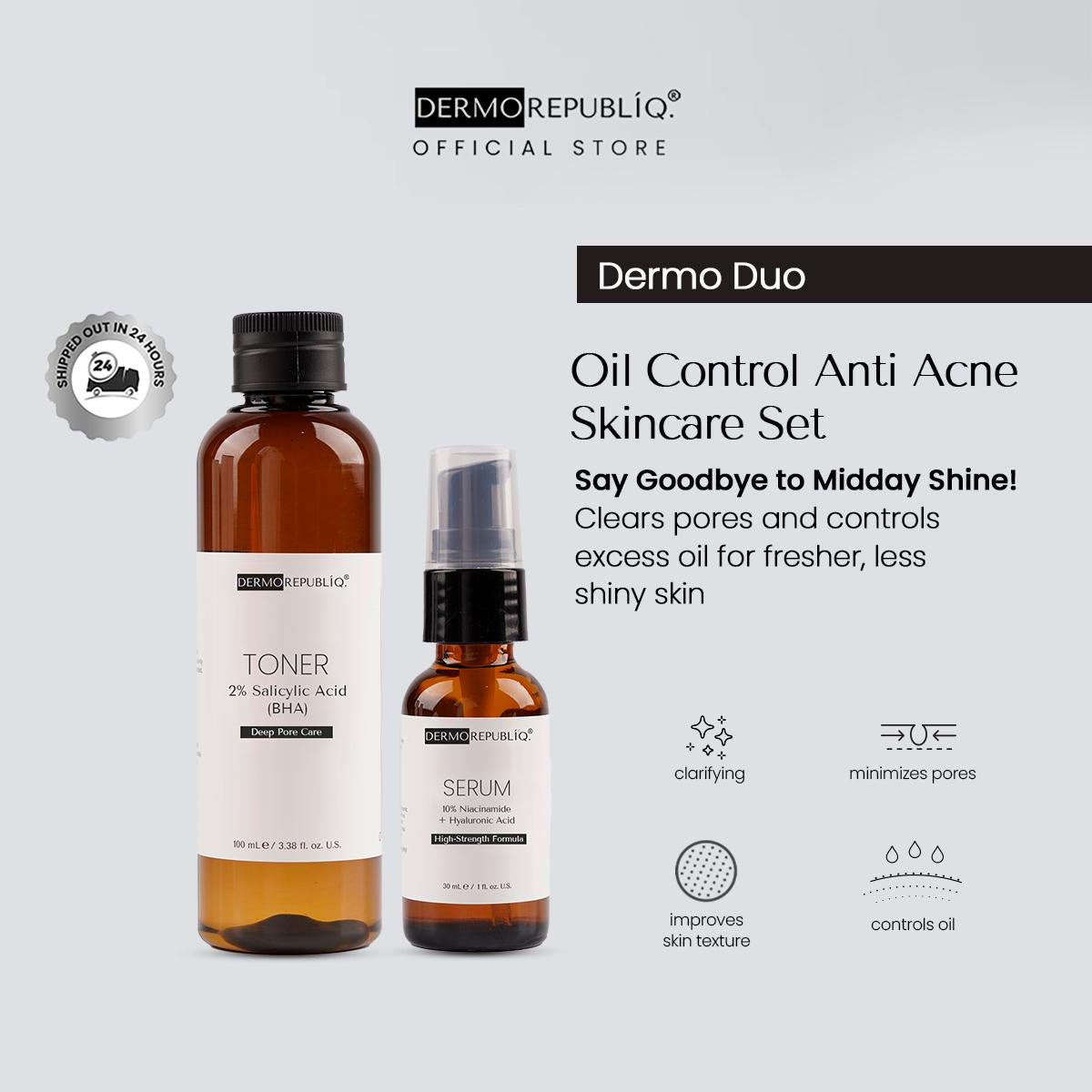 Dermorepubliq Oil Control Anti Acne Set 2pcs Original (Toner + Serum) 2% Salicylic Acid + 10% Niacinamide Sebum Shine