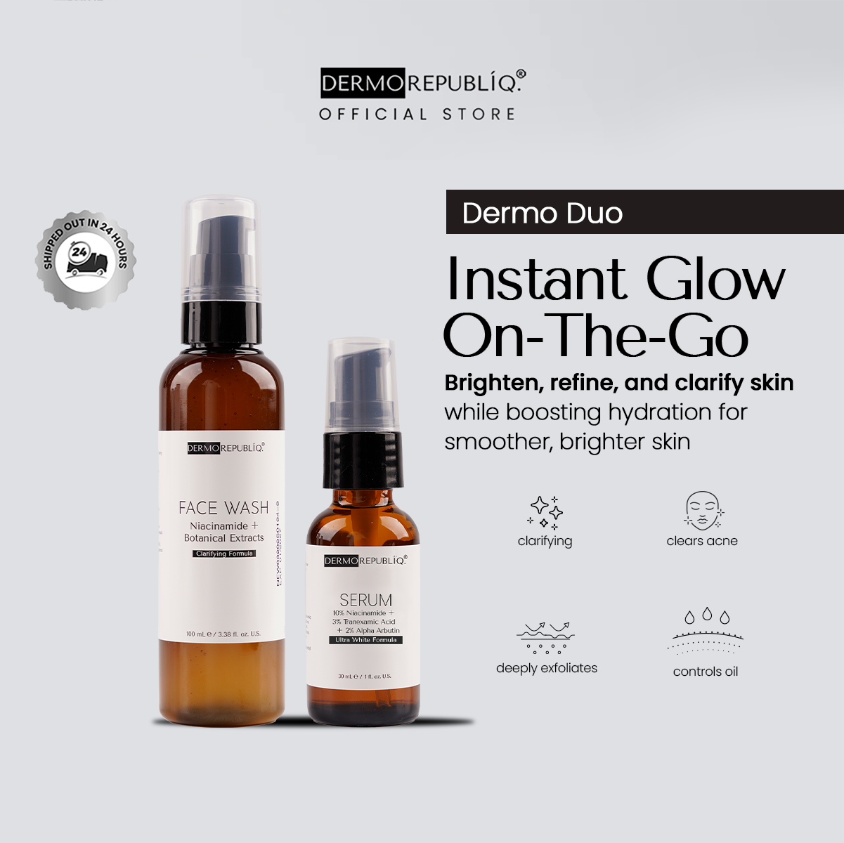 Dermo Duo Instant Glow On-The-Go (Clarifying Gentle Face Wash, 10% Niacinamide + 3% Tranexamic Acid)