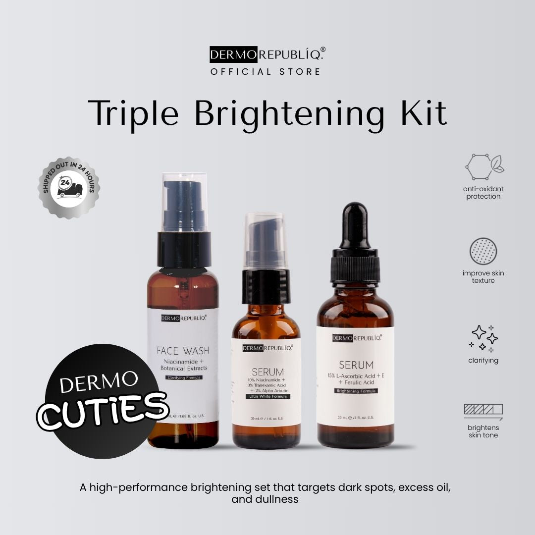 Dermo Triple Brightening Kit (Clarifying Gentle Face Wash, 10% Niacinamide + 3% Tranexamic, 15% L-Ascorbic Acid)