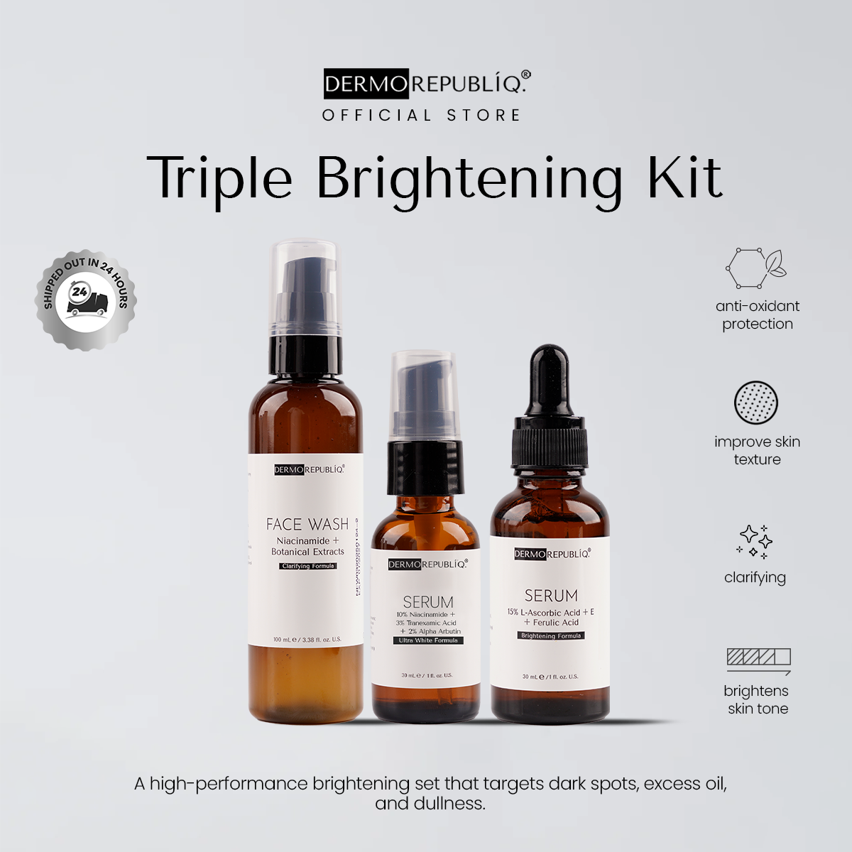 Dermo Triple Brightening Kit (Clarifying Gentle Face Wash, 10% Niacinamide + 3% Tranexamic, 15% L-Ascorbic Acid)
