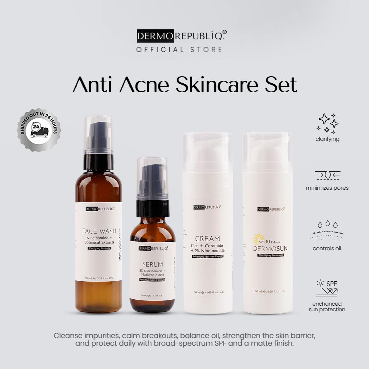 Dermorepubliq Anti Acne Set 4pcs Original (Face Wash + Serum + Cream + Sunscreen) Face Wash + 5% Niacinamide