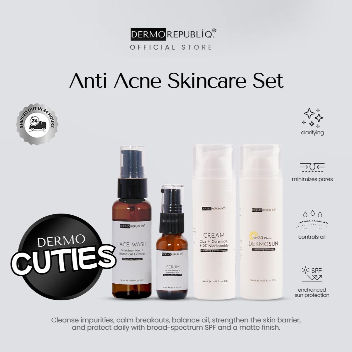 Dermorepubliq Anti Acne Set 4pcs Original (Face Wash + Serum + Cream + Sunscreen) Face Wash + 5% Niacinamide