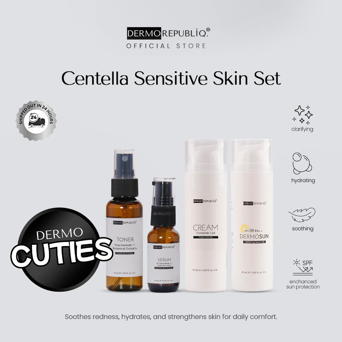 Dermorepubliq Centella Sensitive Skin Set 4pcs Original (Face Wash + Serum + Cream + Sunscreen) Face Wash Calming